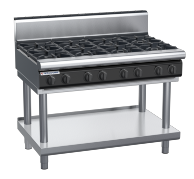 waldorf cue rn8800gh-ls-c0 1200mm gas cooktop on leg stand with high splashback