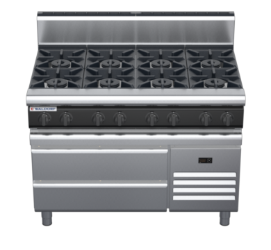 waldorf cue rn8800gh-rb-c0 1200mm gas cooktop on refrigerated base with high splashback