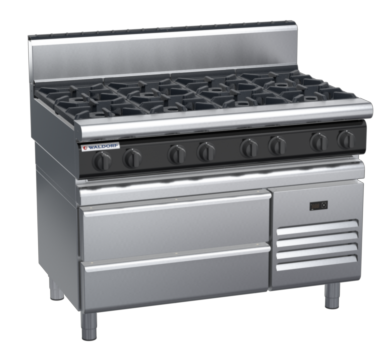 waldorf cue rn8800gh-rb-c0 1200mm gas cooktop on refrigerated base with high splashback