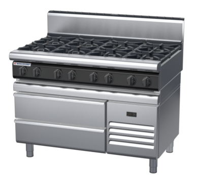 waldorf cue rn8800gh-rb-c0 1200mm gas cooktop on refrigerated base with high splashback