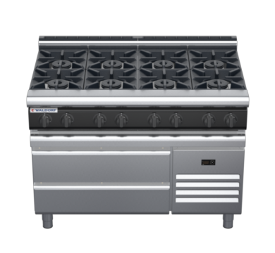 waldorf cue rn8800gl-rb-c0 1200mm gas cooktop on refrigerated base with low splashback