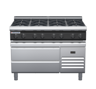 waldorf cue rn8800gl-rb-c0 1200mm gas cooktop on refrigerated base with low splashback