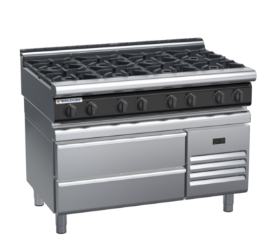 waldorf cue rn8800gl-rb-c0 1200mm gas cooktop on refrigerated base with low splashback