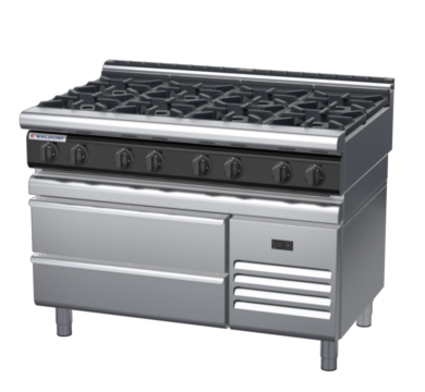 waldorf cue rn8800gl-rb-c0 1200mm gas cooktop on refrigerated base with low splashback