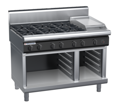 waldorf cue rn8803gh-cb-c0 1200mm gas cooktop on cabinet base with high splashback