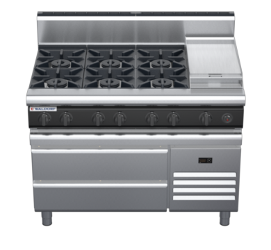 waldorf cue rn8803gh-rb-c0 1200mm gas cooktop on refrigerated base with high splashback