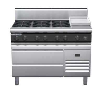 waldorf cue rn8803gh-rb-c0 1200mm gas cooktop on refrigerated base with high splashback