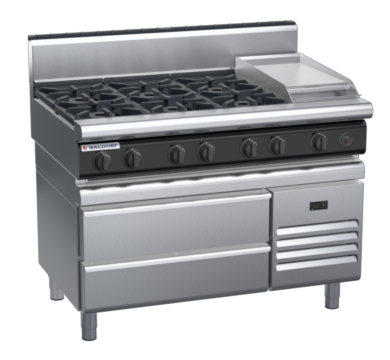 waldorf cue rn8803gh-rb-c0 1200mm gas cooktop on refrigerated base with high splashback