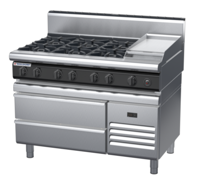 waldorf cue rn8803gh-rb-c0 1200mm gas cooktop on refrigerated base with high splashback