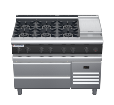 waldorf cue rn8803gl-rb-c0 1200mm gas cooktop on refrigerated base with low splashback