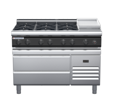 waldorf cue rn8803gl-rb-c0 1200mm gas cooktop on refrigerated base with low splashback