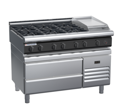 waldorf cue rn8803gl-rb-c0 1200mm gas cooktop on refrigerated base with low splashback