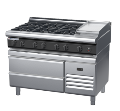waldorf cue rn8803gl-rb-c0 1200mm gas cooktop on refrigerated base with low splashback