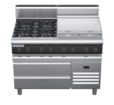 waldorf cue rn8806gh-rb-c0 1200mm gas cooktop on refrigerated base with high splashback