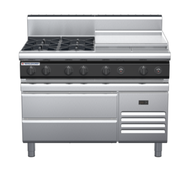 waldorf cue rn8806gh-rb-c0 1200mm gas cooktop on refrigerated base with high splashback