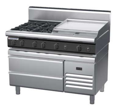 waldorf cue rn8806gh-rb-c0 1200mm gas cooktop on refrigerated base with high splashback
