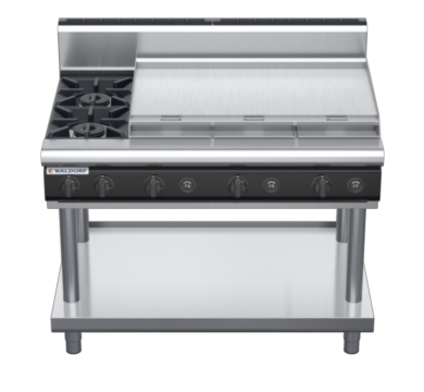 waldorf cue rn8809gh-ls-c0 1200mm gas cooktop on leg stand with high splashback