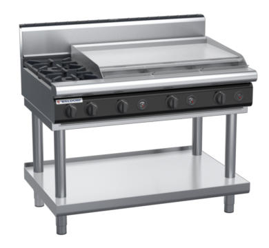 waldorf cue rn8809gh-ls-c0 1200mm gas cooktop on leg stand with high splashback