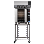 turbofan e32d5 - full size sheet pan digital electric convection oven with halton ventless hood on a stainless steel stand