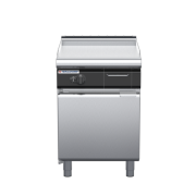waldorf cue gp8600glr3-cd-c0 600mm gas griddle 600mm ribbed finish on cabinet base with door and low splashback