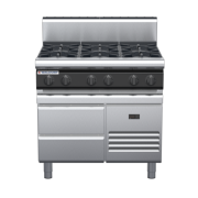 waldorf cue rn8600gh-rb-c0 900mm gas cooktop on refrigerated base with high splashback