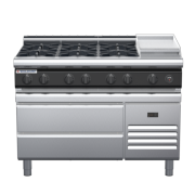 waldorf cue rn8803gl-rb-c0 1200mm gas cooktop on refrigerated base with low splashback